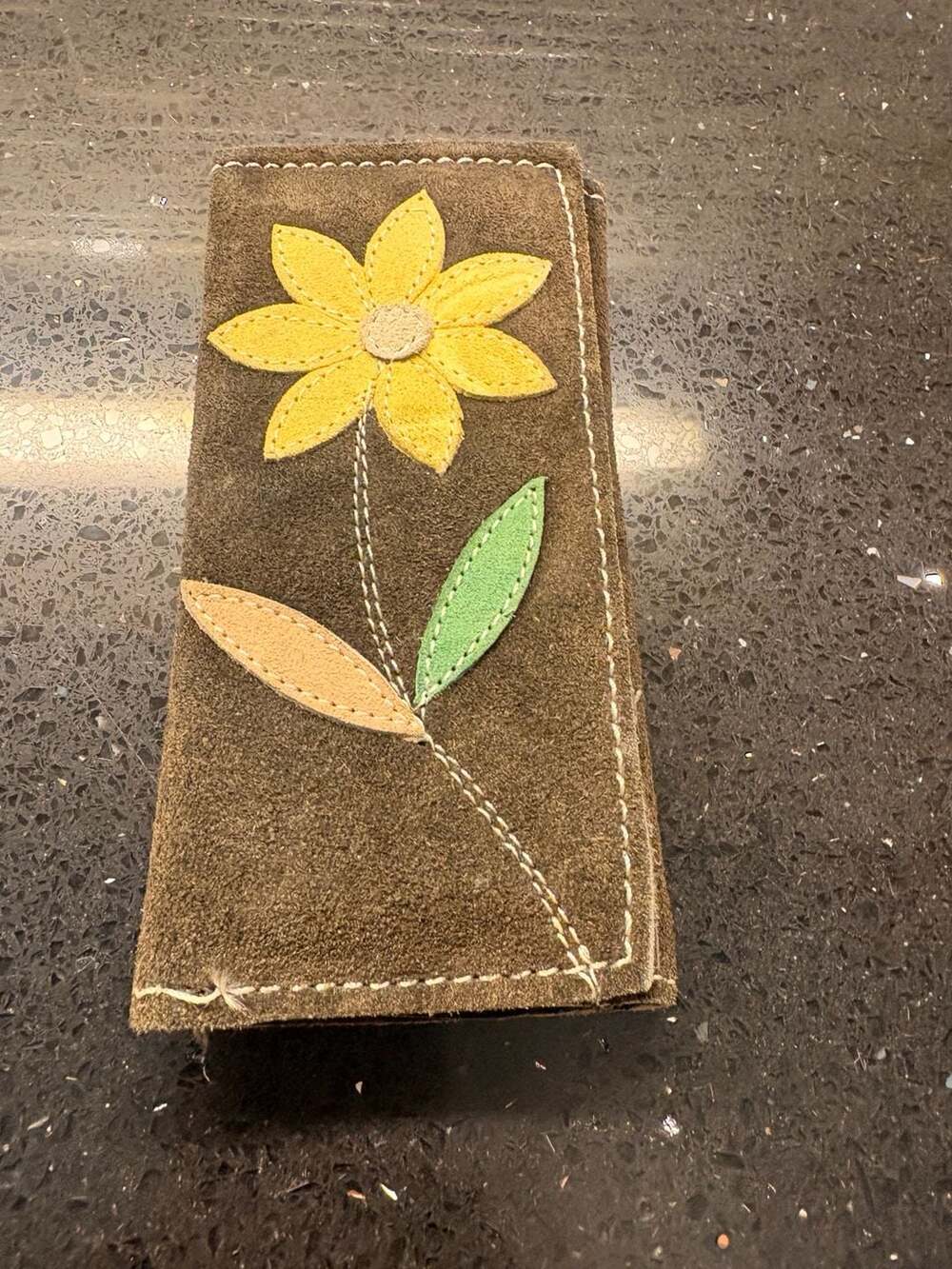 Vintage Suede Leather Long Wallet Organizer with Yellow Daisy Sunflower Applique